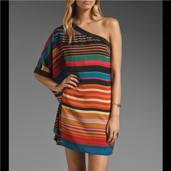 Trina Turk Dresses & Skirts - TRINA TURK One Shoulder Striped Wonderland Silk Mini Dress 4‎ Boho Fall Colorful